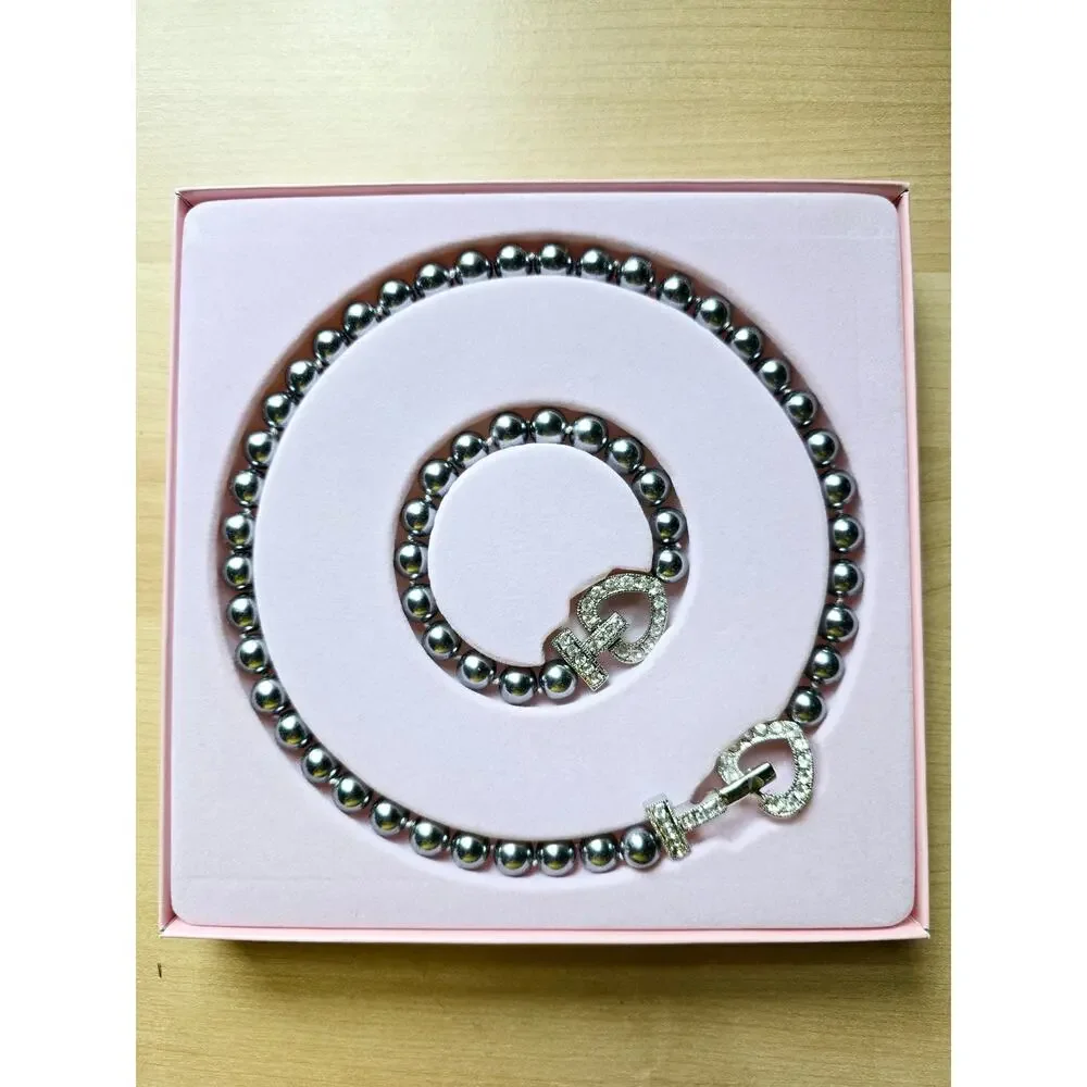 Bloomingdale’s 10mm Grey Faux Pearl Necklace Bracelet Heart Toggle Set